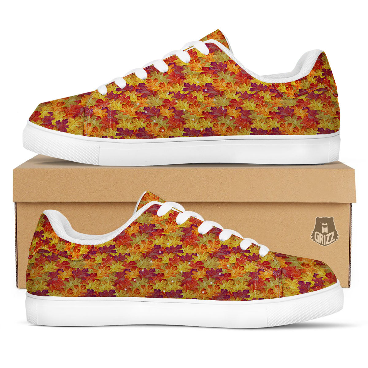 Oak Leaf Autumn Print White Low Top Sneakers-grizzshop