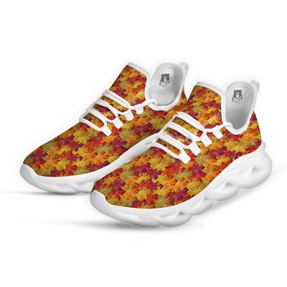 Oak Leaf Autumn Print White Running Shoes-grizzshop