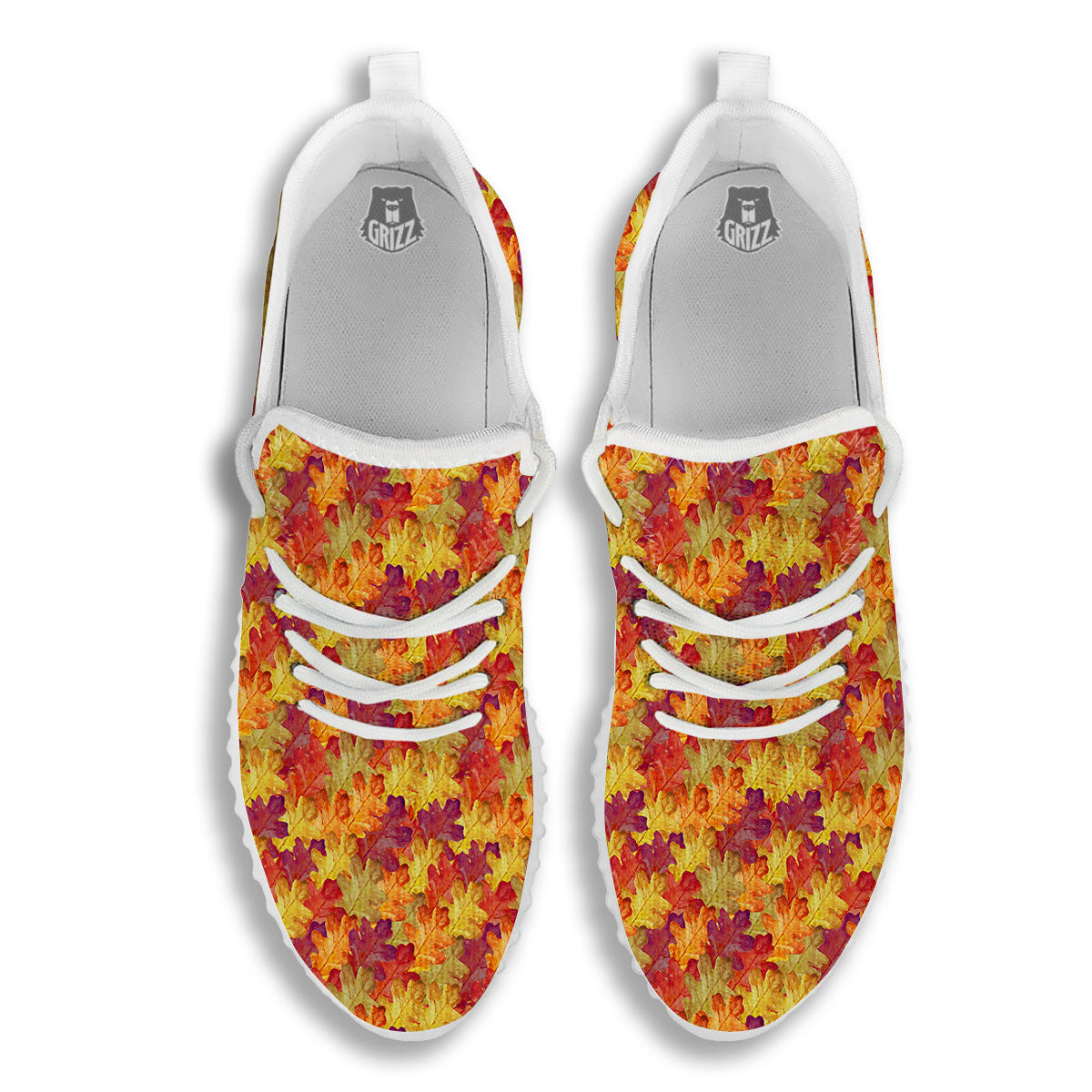 Oak Leaf Autumn Print White Walking Shoes-grizzshop