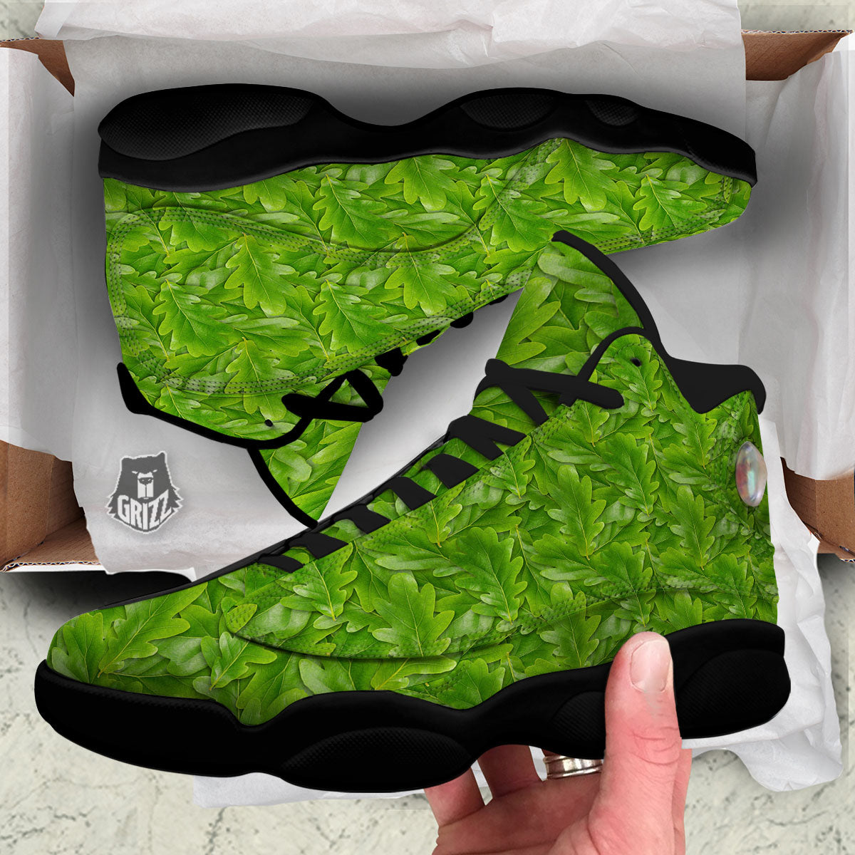 Oak Leaf Green Print Black Basketball Shoes-grizzshop