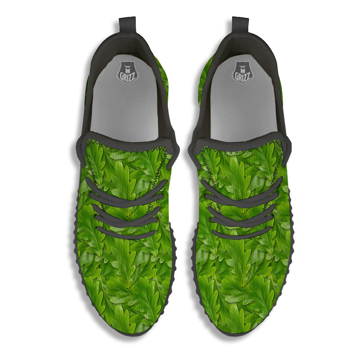 Oak Leaf Green Print Black Walking Shoes-grizzshop