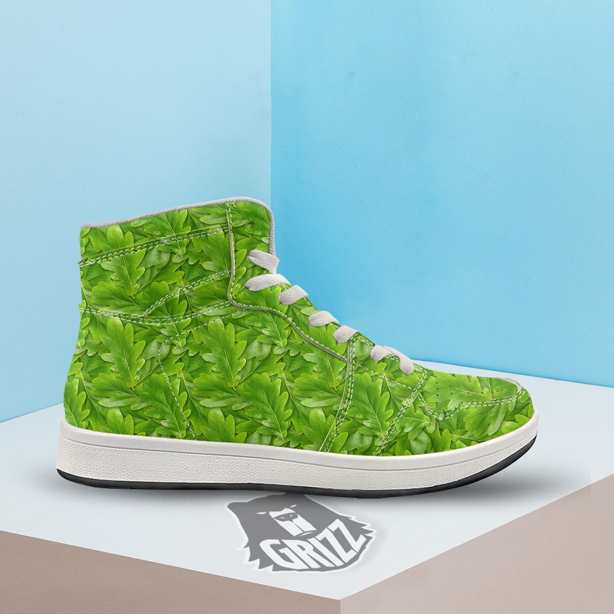 Oak Leaf Green Print High Top Sneakers-grizzshop