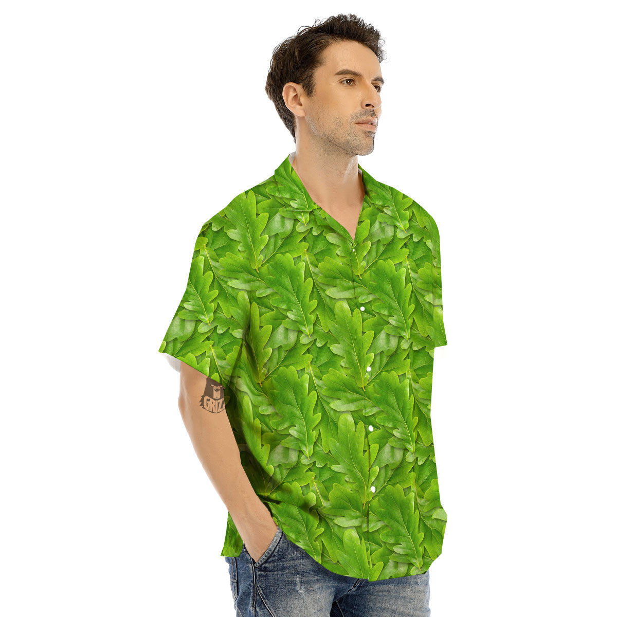 Oak Leaf Green Print Men's Hawaiian Shirt-grizzshop