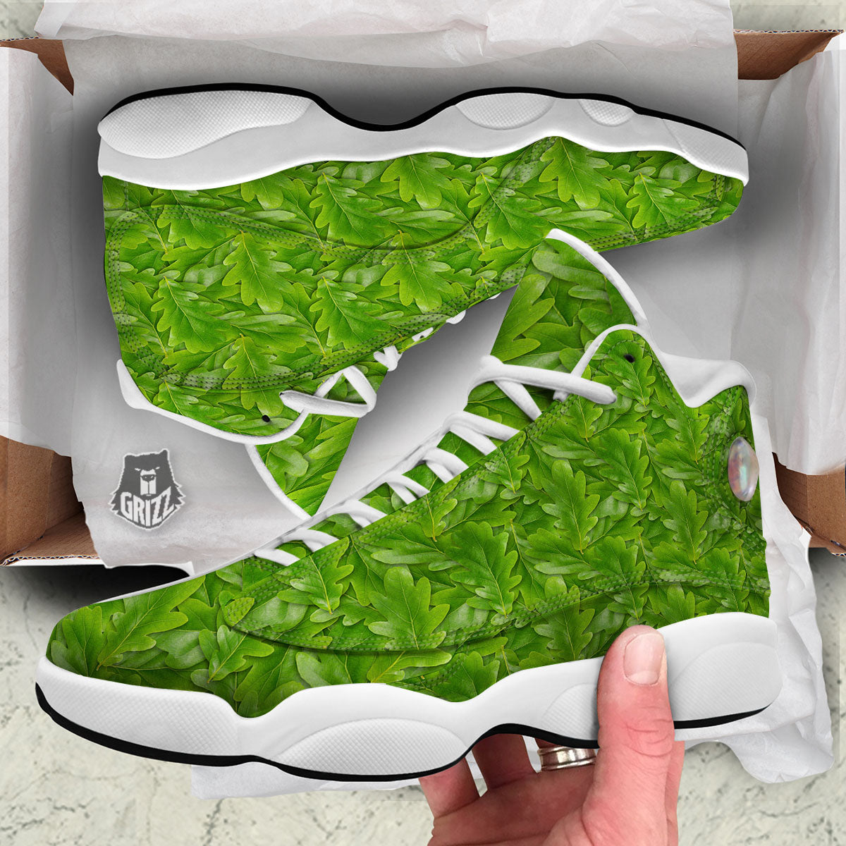 Oak Leaf Green Print White Basketball Shoes-grizzshop