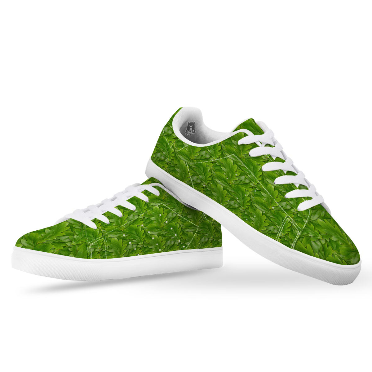 Oak Leaf Green Print White Low Top Sneakers-grizzshop