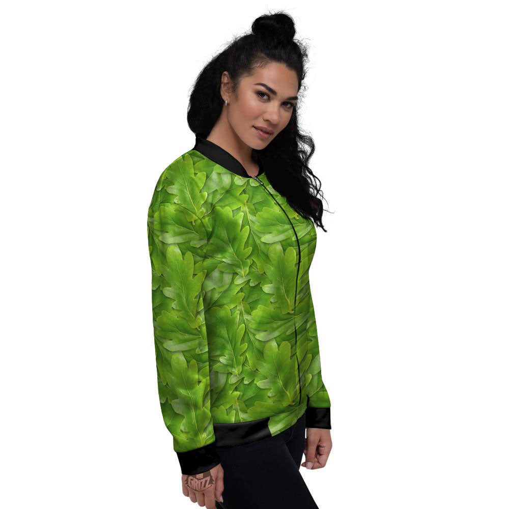 Oak Leaf Green Print Women's Bomber Jacket-grizzshop