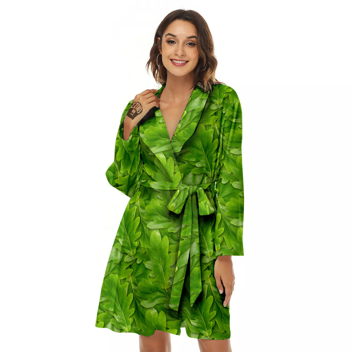 Oak Leaf Green Print Women's Robe-grizzshop