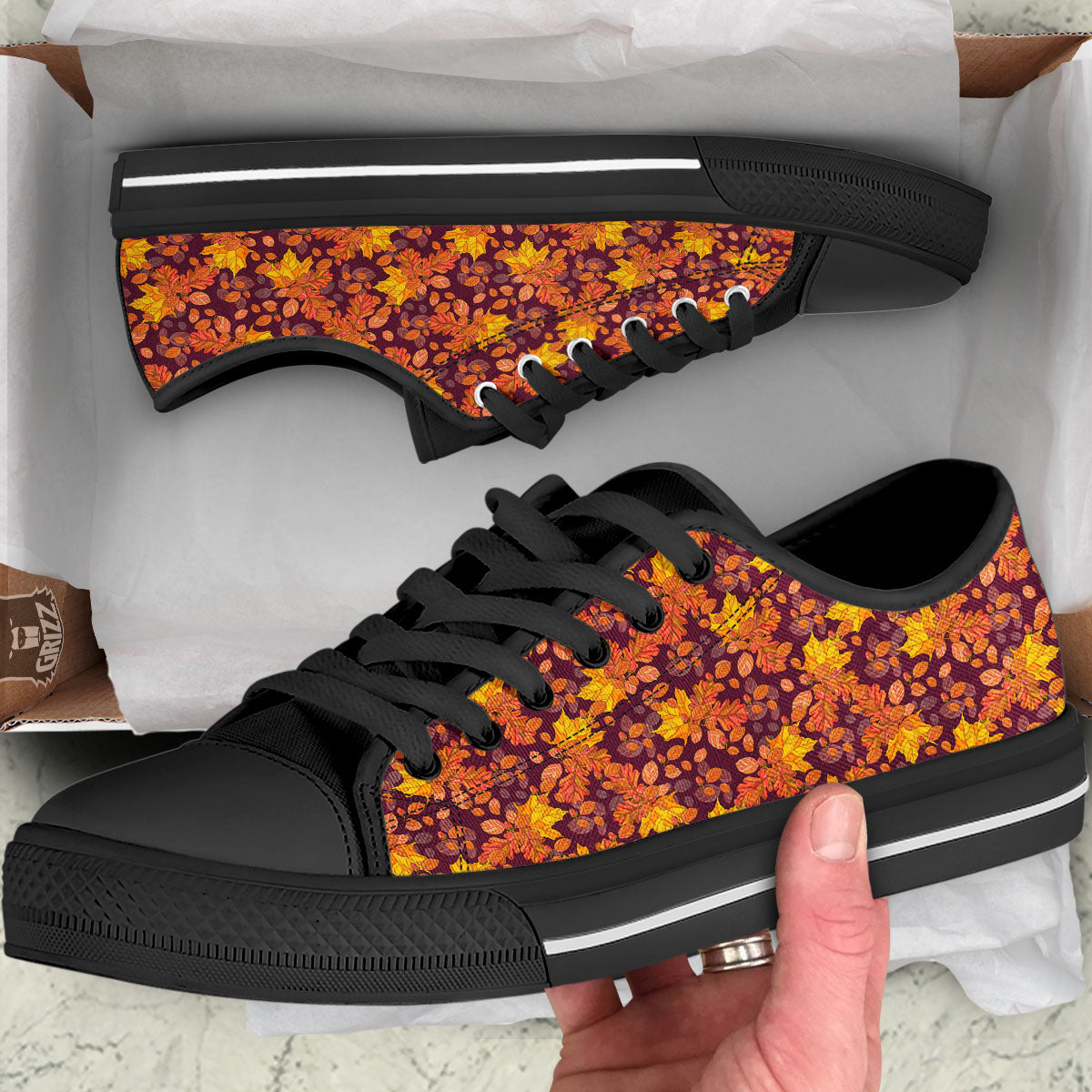 Oak Maple Print Pattern Black Low Top Shoes-grizzshop