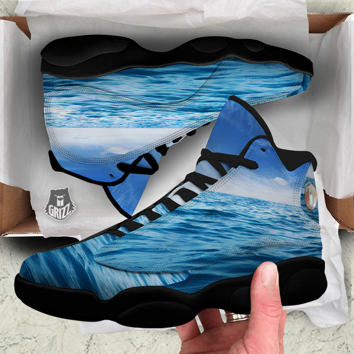 Ocean Blue Print Black Basketball Shoes-grizzshop
