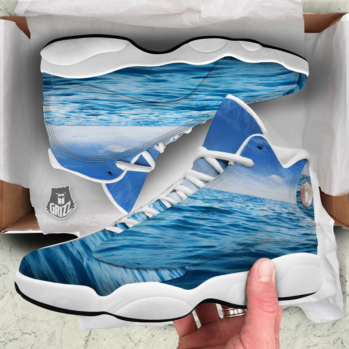 Ocean Blue Print White Basketball Shoes-grizzshop