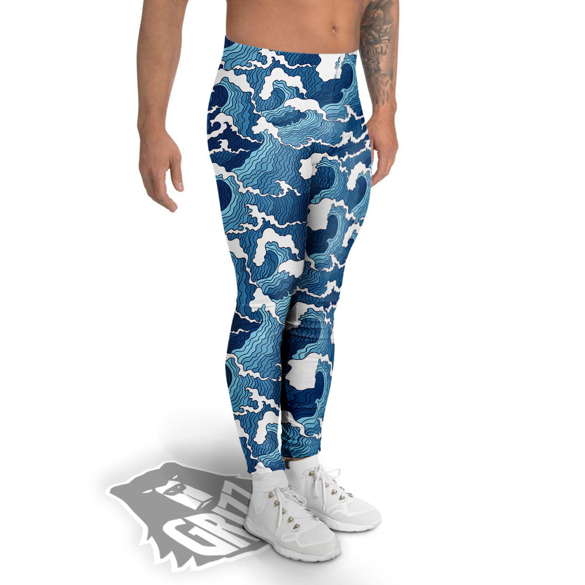 Ocean Wave Japanese Print Pattern Men's Leggings-grizzshop