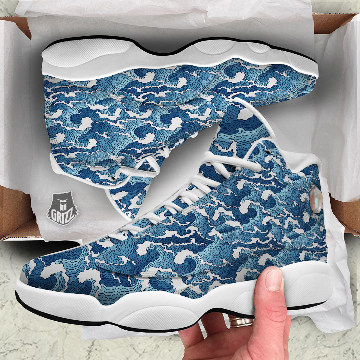 Ocean Wave Japanese Print Pattern White Basketball Shoes-grizzshop