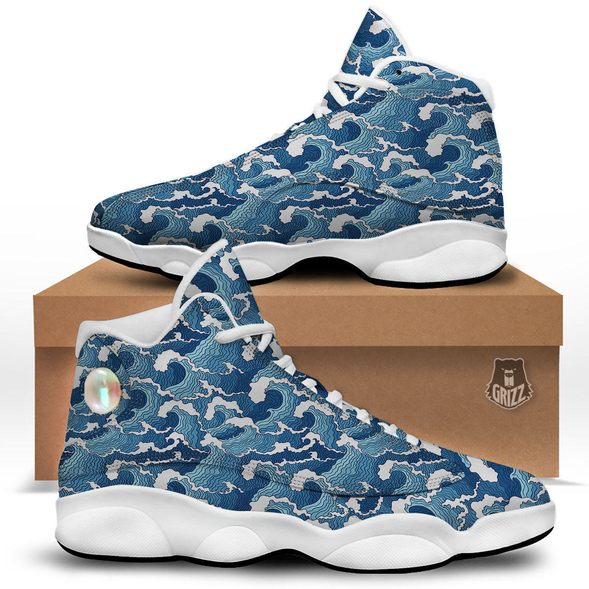 Ocean Wave Japanese Print Pattern White Basketball Shoes-grizzshop