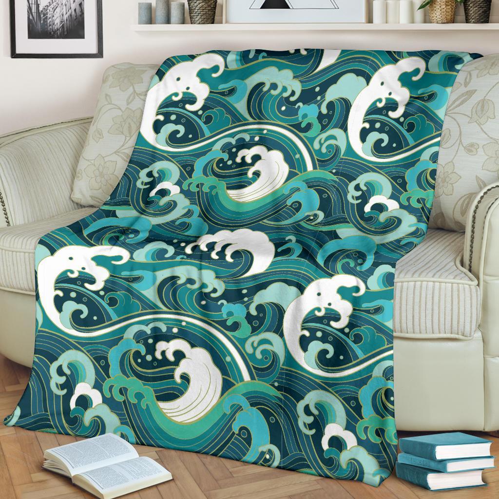 Ocean Wave Pattern Print Blanket-grizzshop