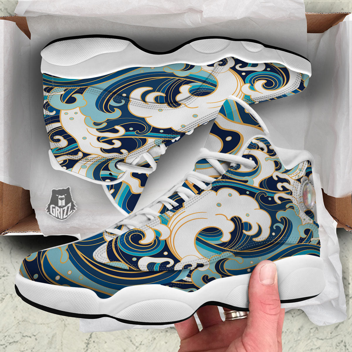 Ocean Wave Print White Basketball Shoes-grizzshop
