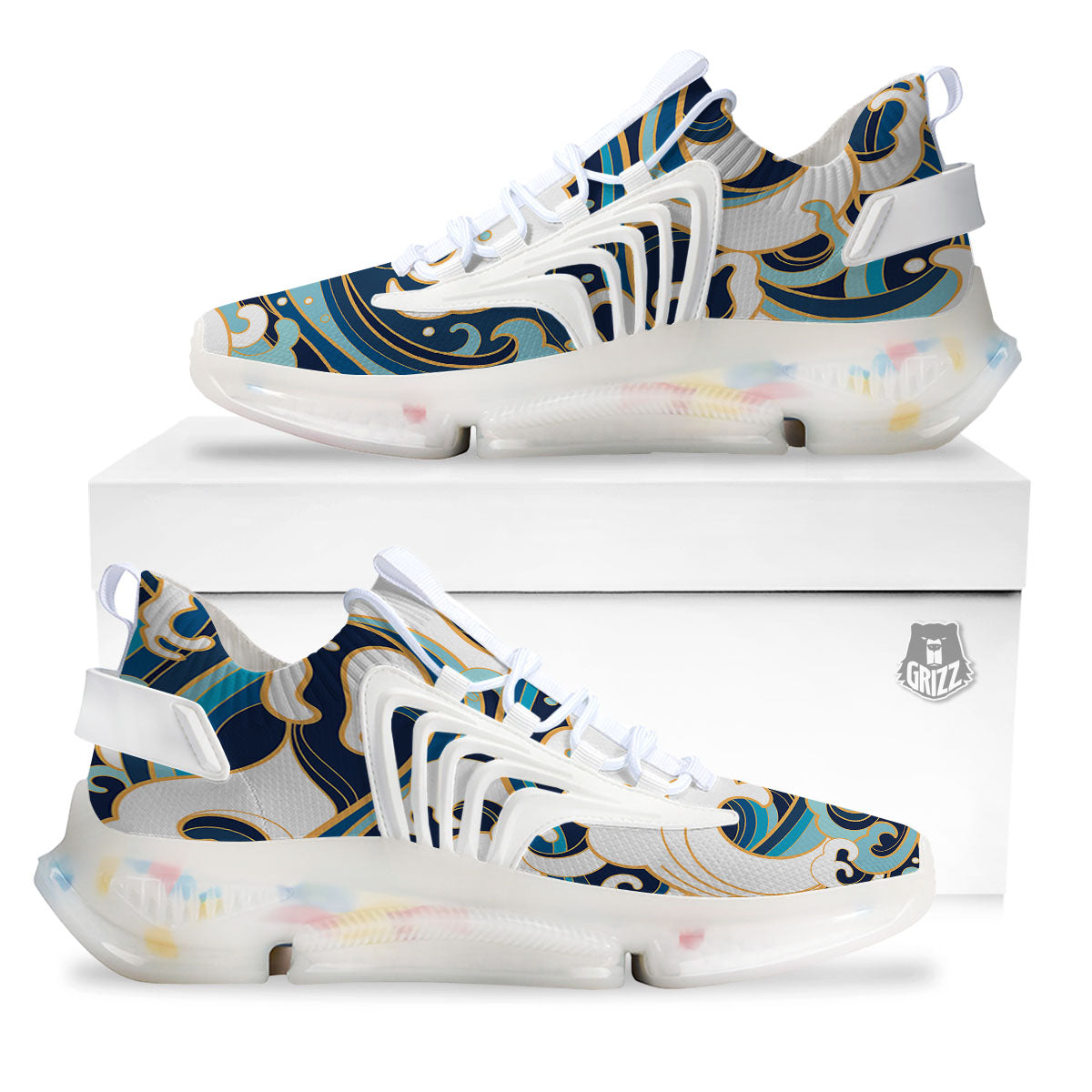 Ocean Wave Print White Gym Shoes-grizzshop