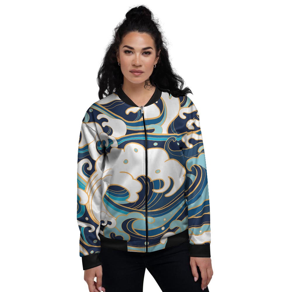 Ocean Wave Print Women's Bomber Jacket-grizzshop