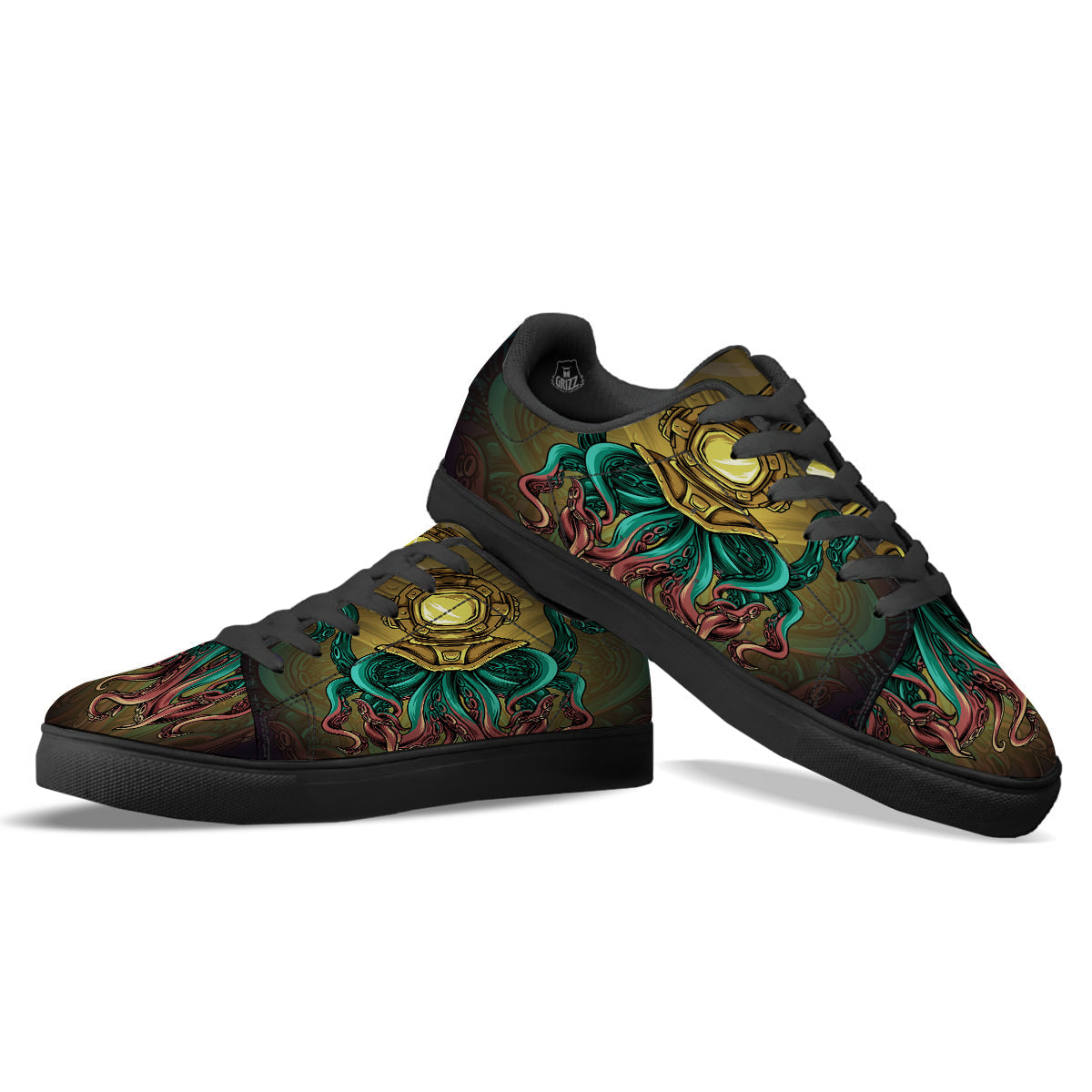 Octopus And Diving Helmet Print Black Low Top Sneakers-grizzshop