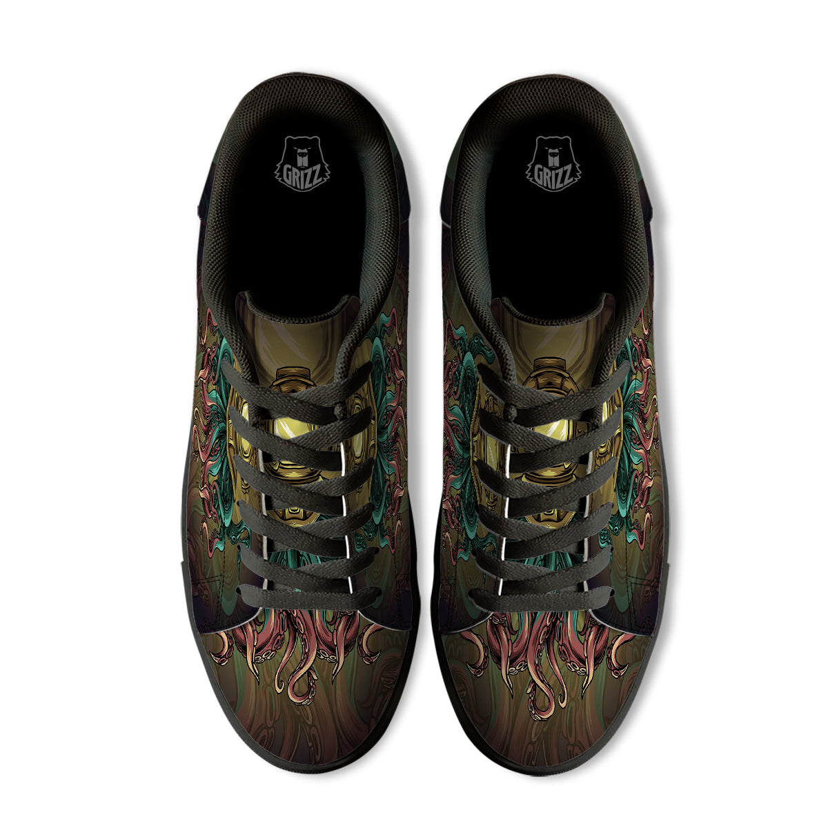 Octopus And Diving Helmet Print Black Low Top Sneakers-grizzshop