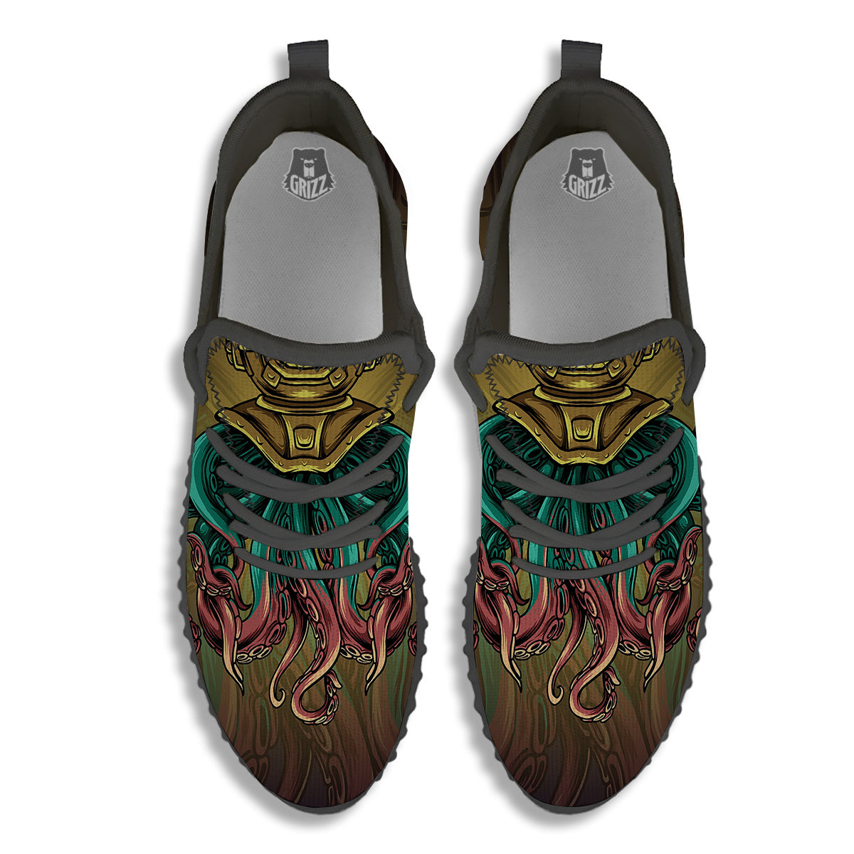 Octopus And Diving Helmet Print Black Walking Shoes-grizzshop