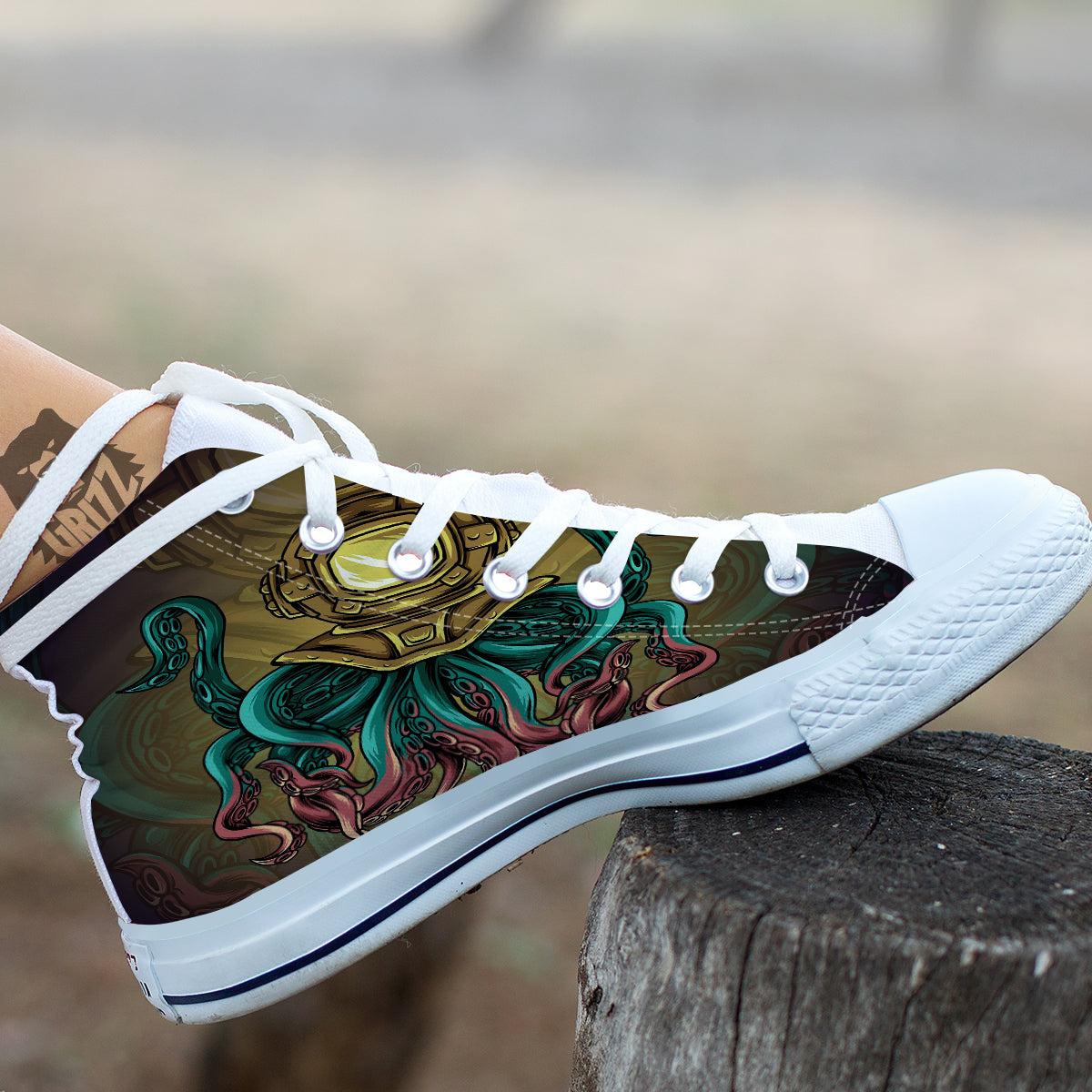 Octopus And Diving Helmet Print White High Top Shoes-grizzshop