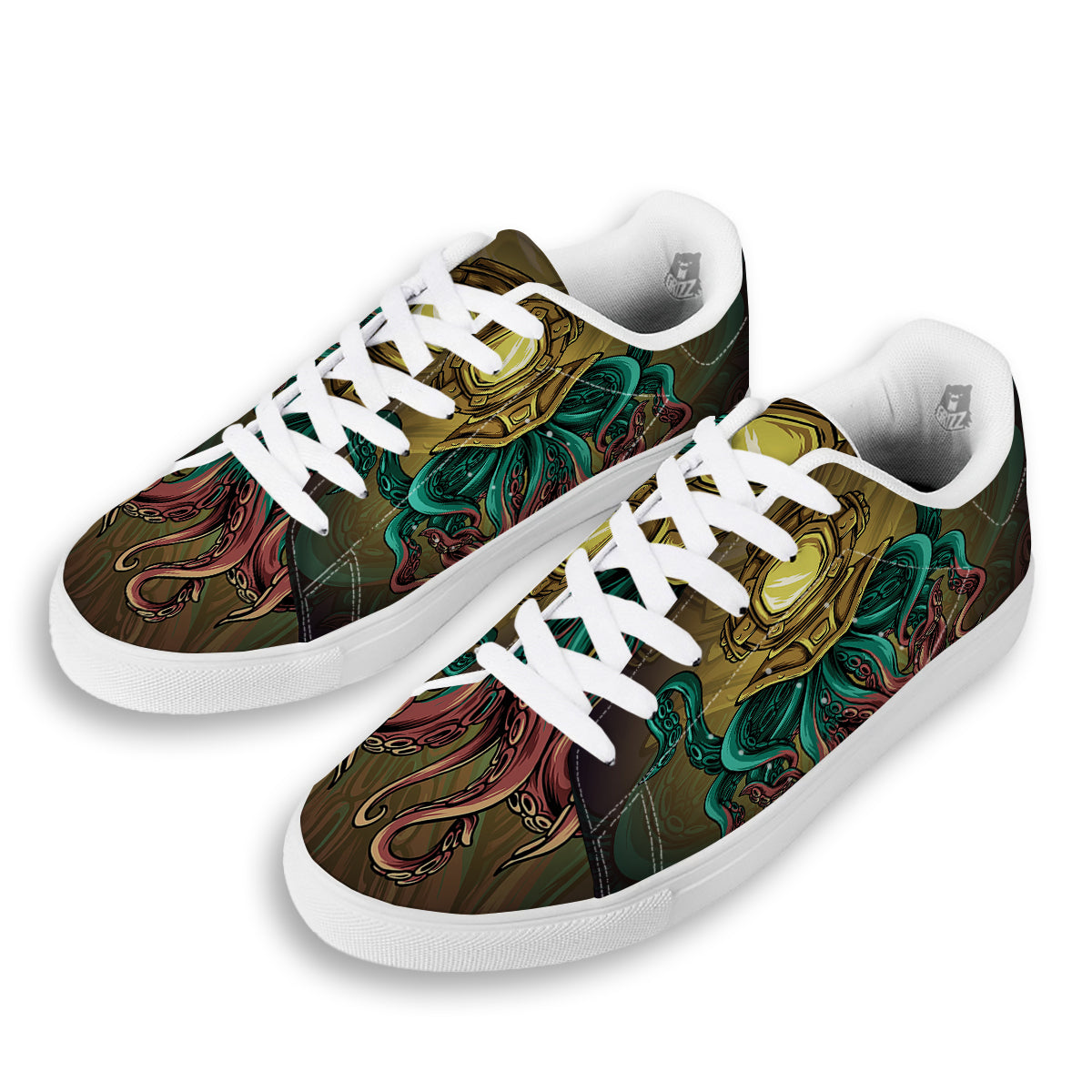 Octopus And Diving Helmet Print White Low Top Sneakers-grizzshop