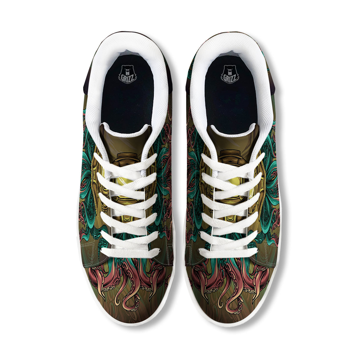 Octopus And Diving Helmet Print White Low Top Sneakers-grizzshop