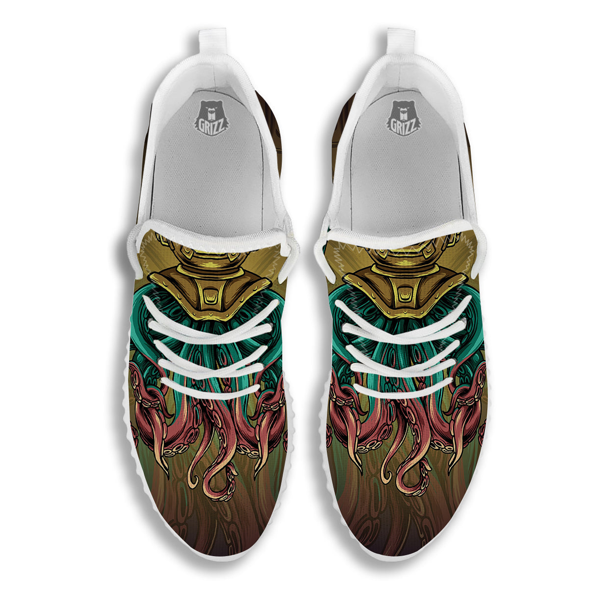 Octopus And Diving Helmet Print White Walking Shoes-grizzshop