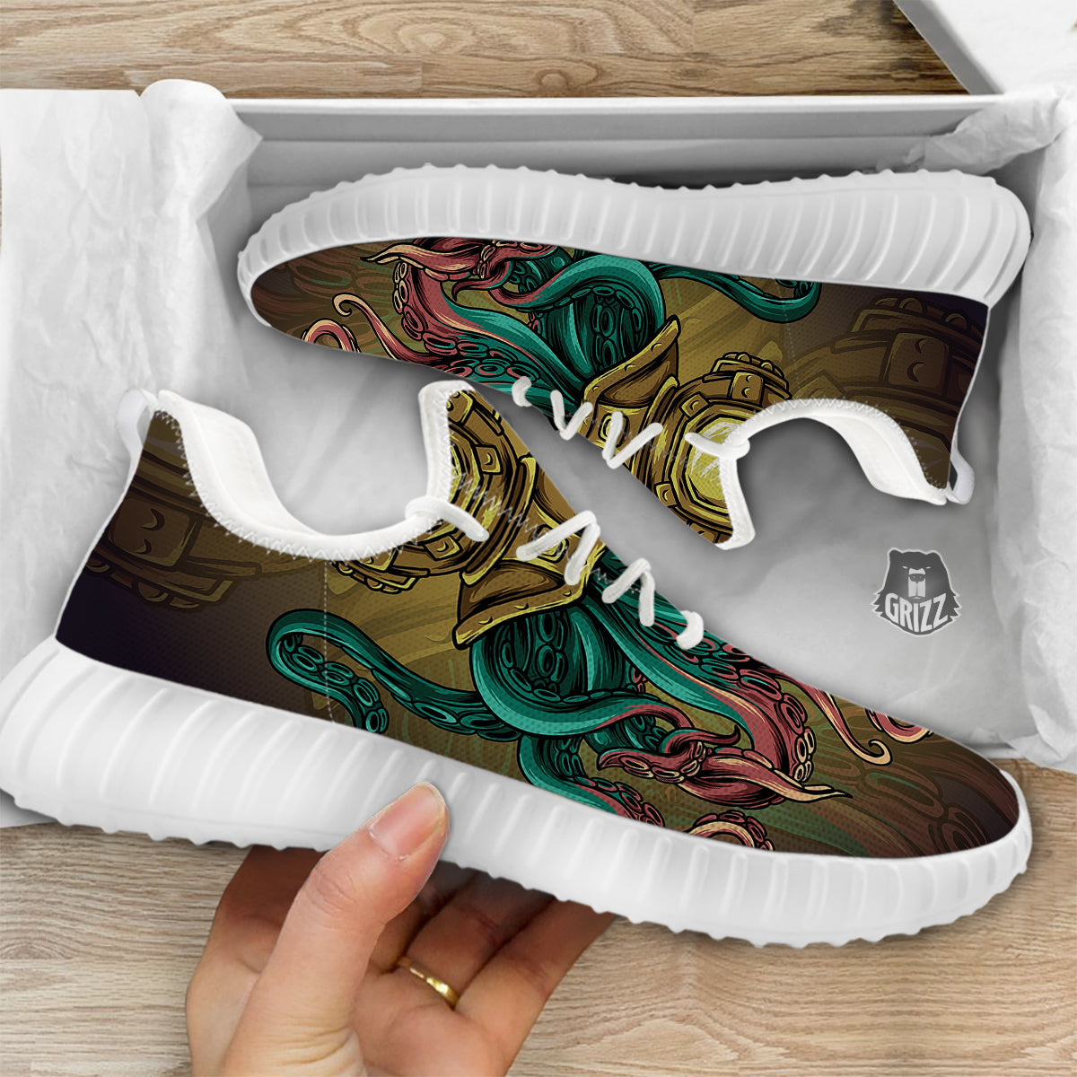 Octopus And Diving Helmet Print White Walking Shoes-grizzshop