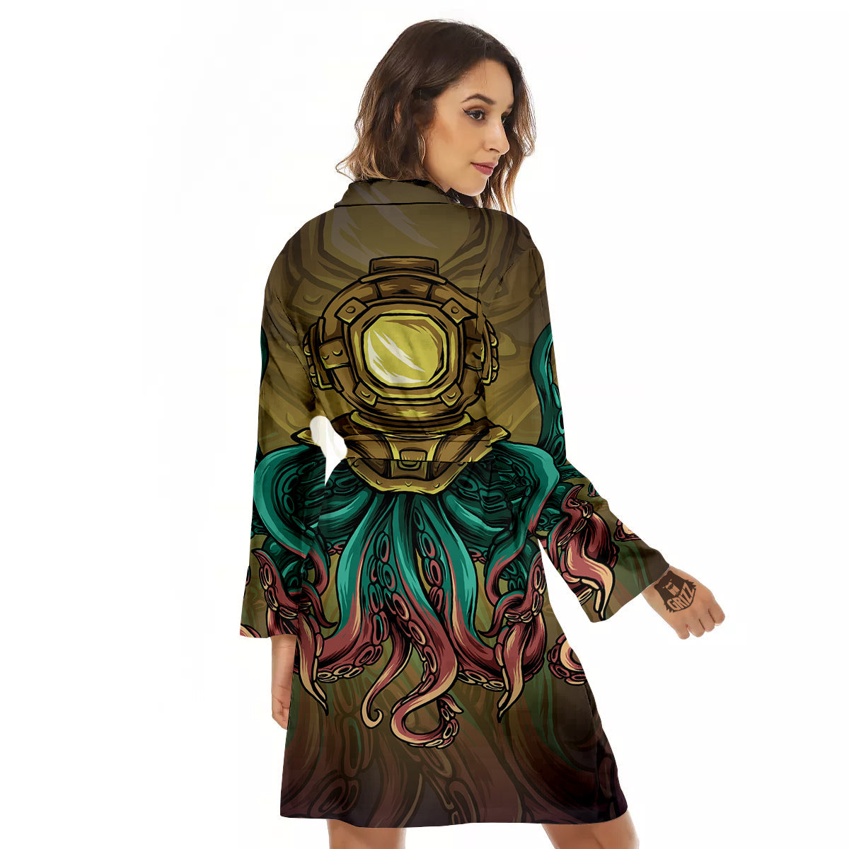 Octopus And Diving Helmet Print Women's Robe-grizzshop