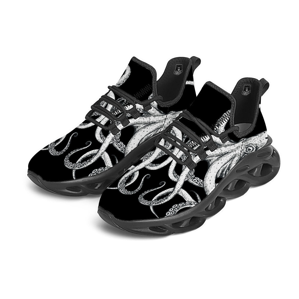 Octopus Tentacles White And Black Print Black Running Shoes-grizzshop