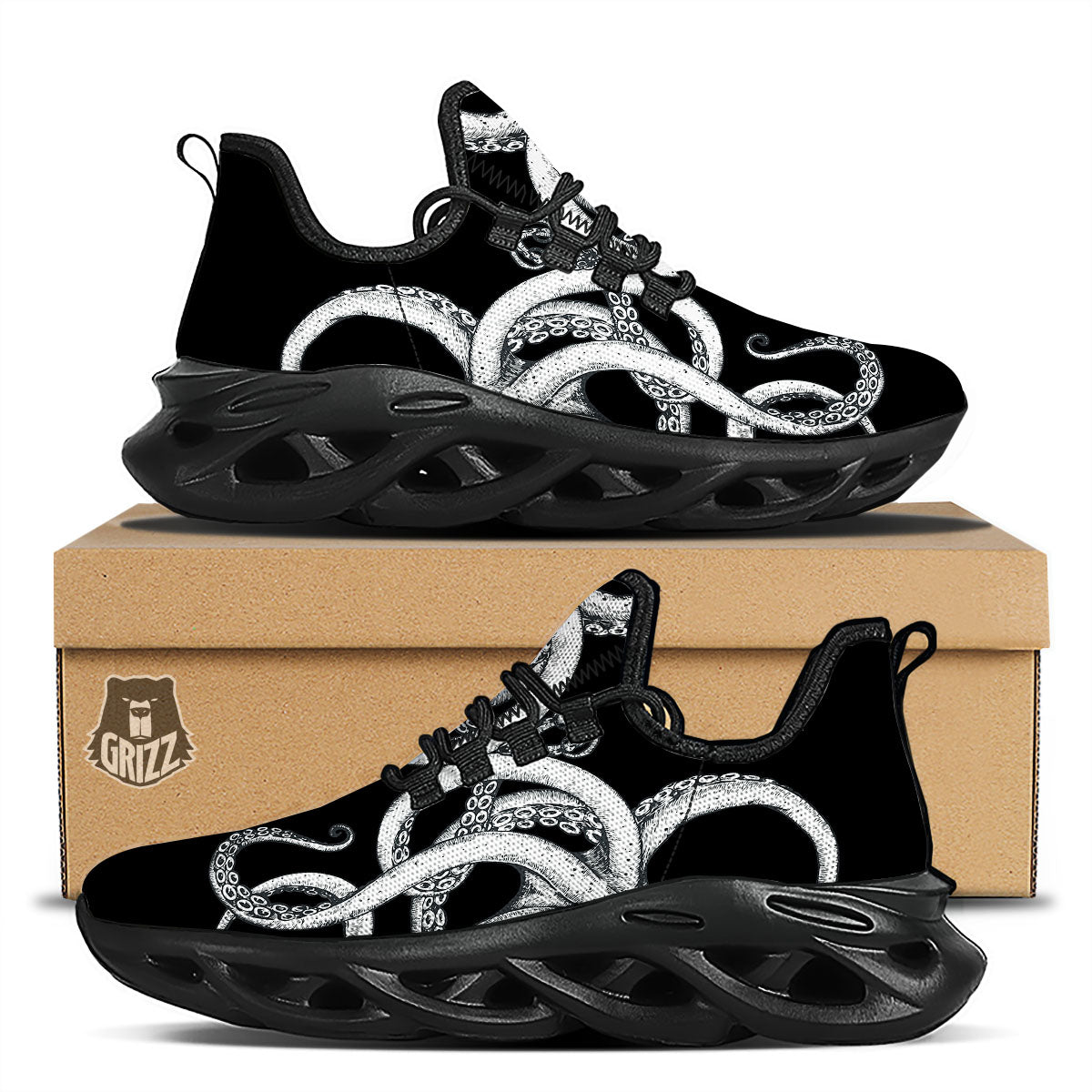 Octopus Tentacles White And Black Print Black Running Shoes-grizzshop