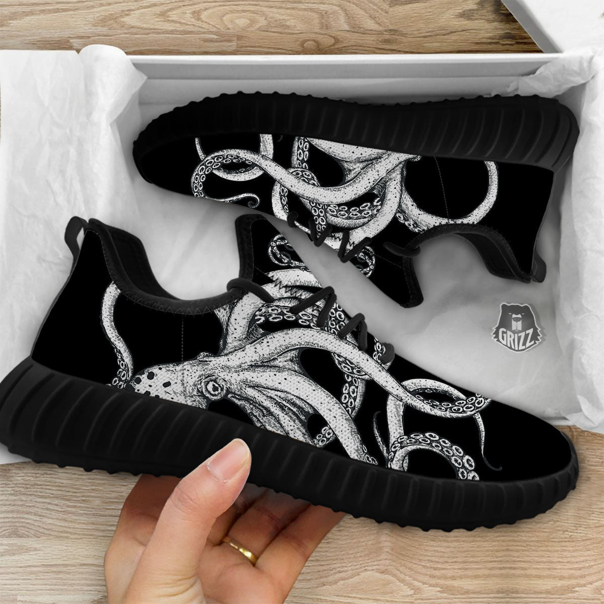 Octopus Tentacles White And Black Print Black Walking Shoes-grizzshop