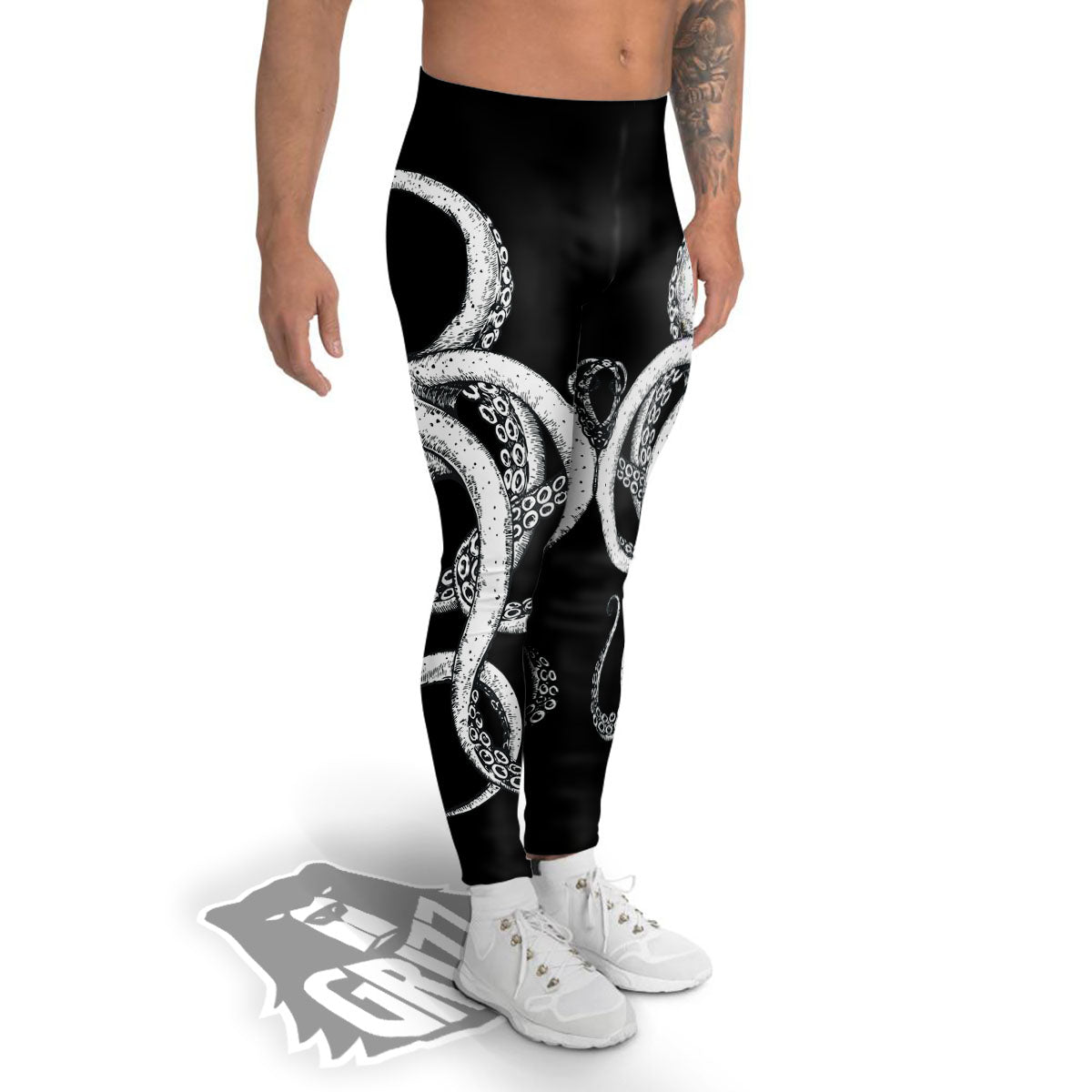 Octopus Tentacles White And Black Print Men's Leggings-grizzshop