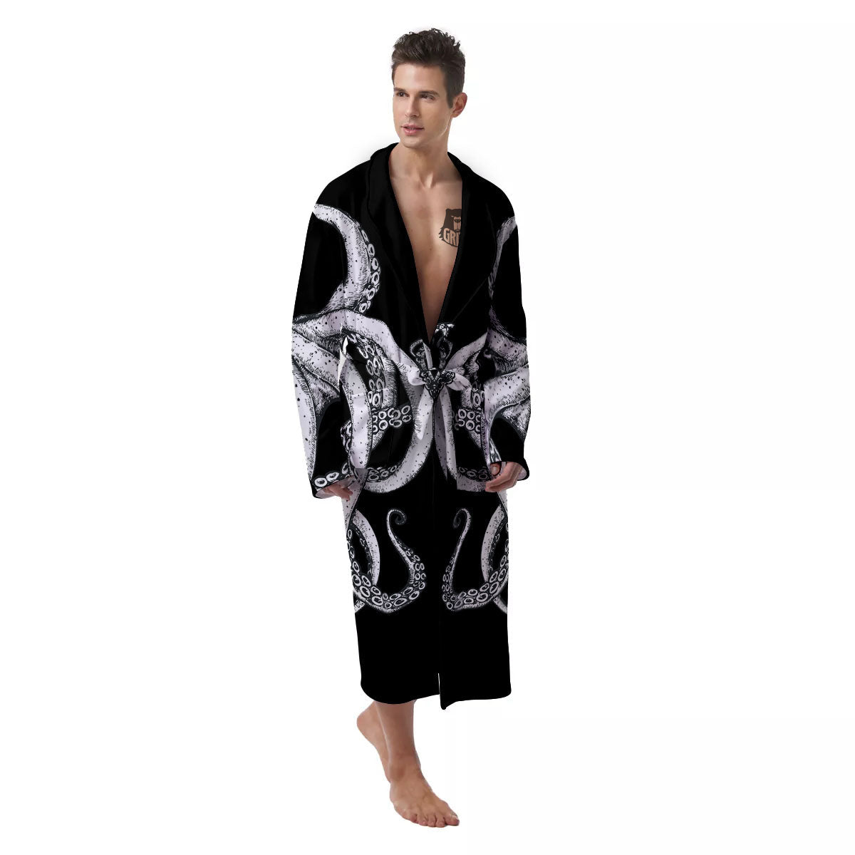 Octopus Tentacles White And Black Print Men's Robe-grizzshop
