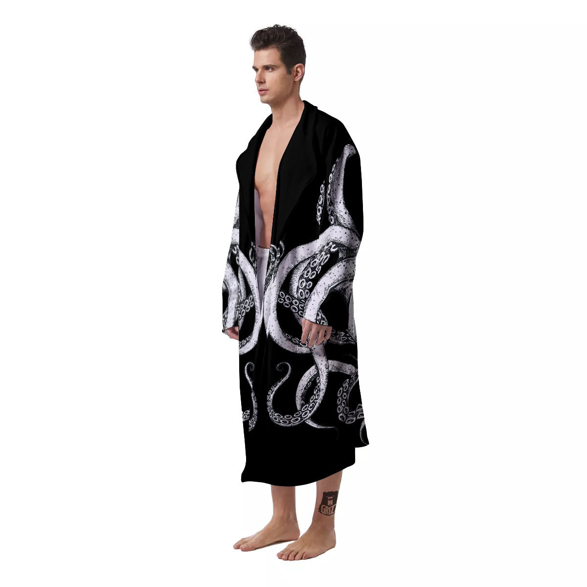 Octopus Tentacles White And Black Print Men's Robe-grizzshop
