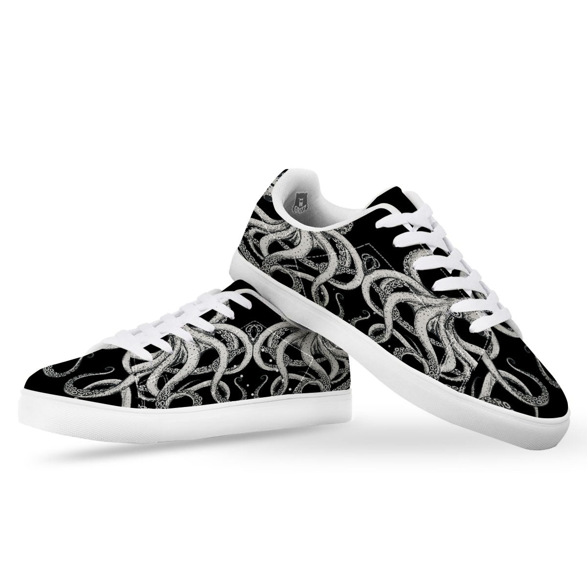 Octopus Tentacles White And Black Print White Low Top Sneakers-grizzshop