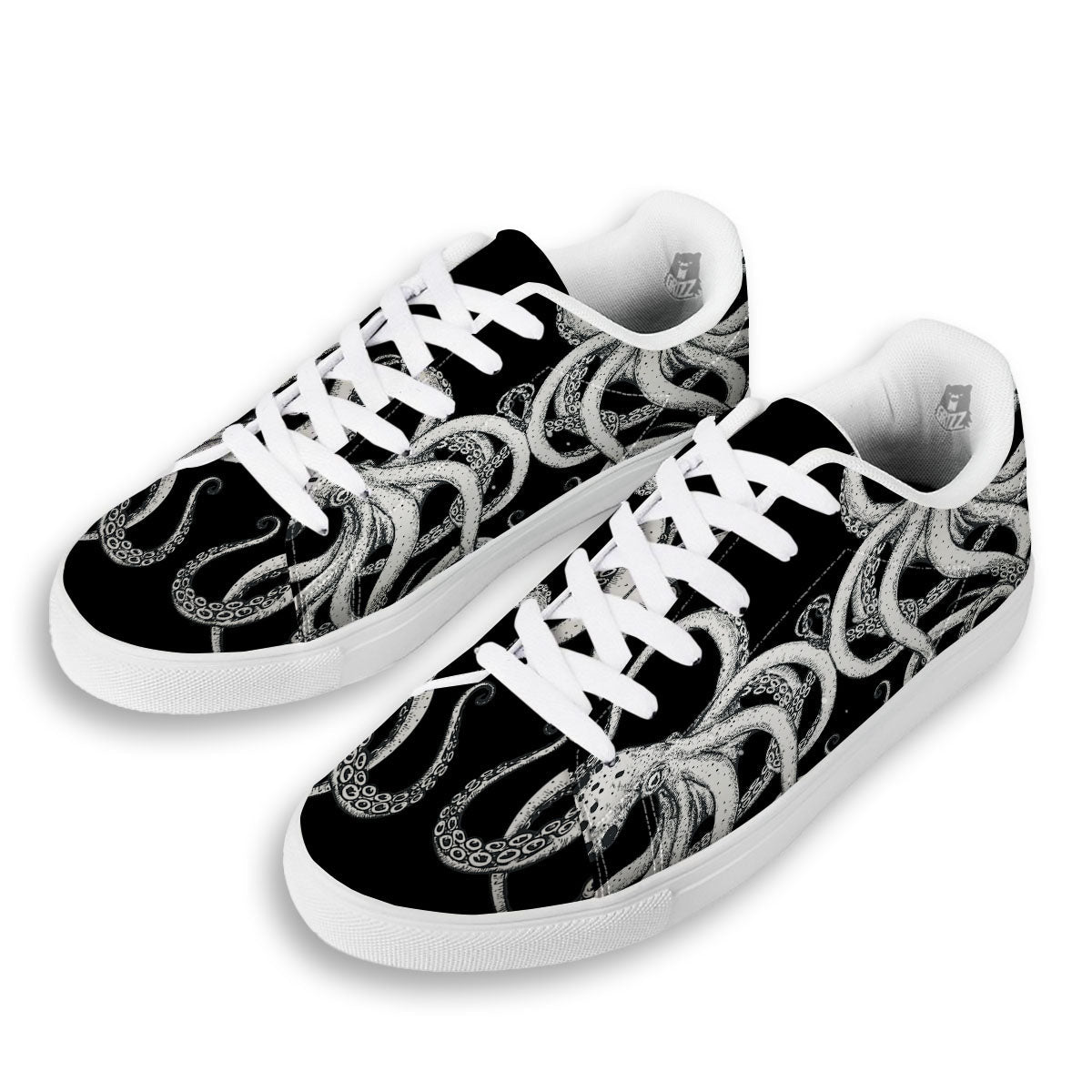 Octopus Tentacles White And Black Print White Low Top Sneakers-grizzshop