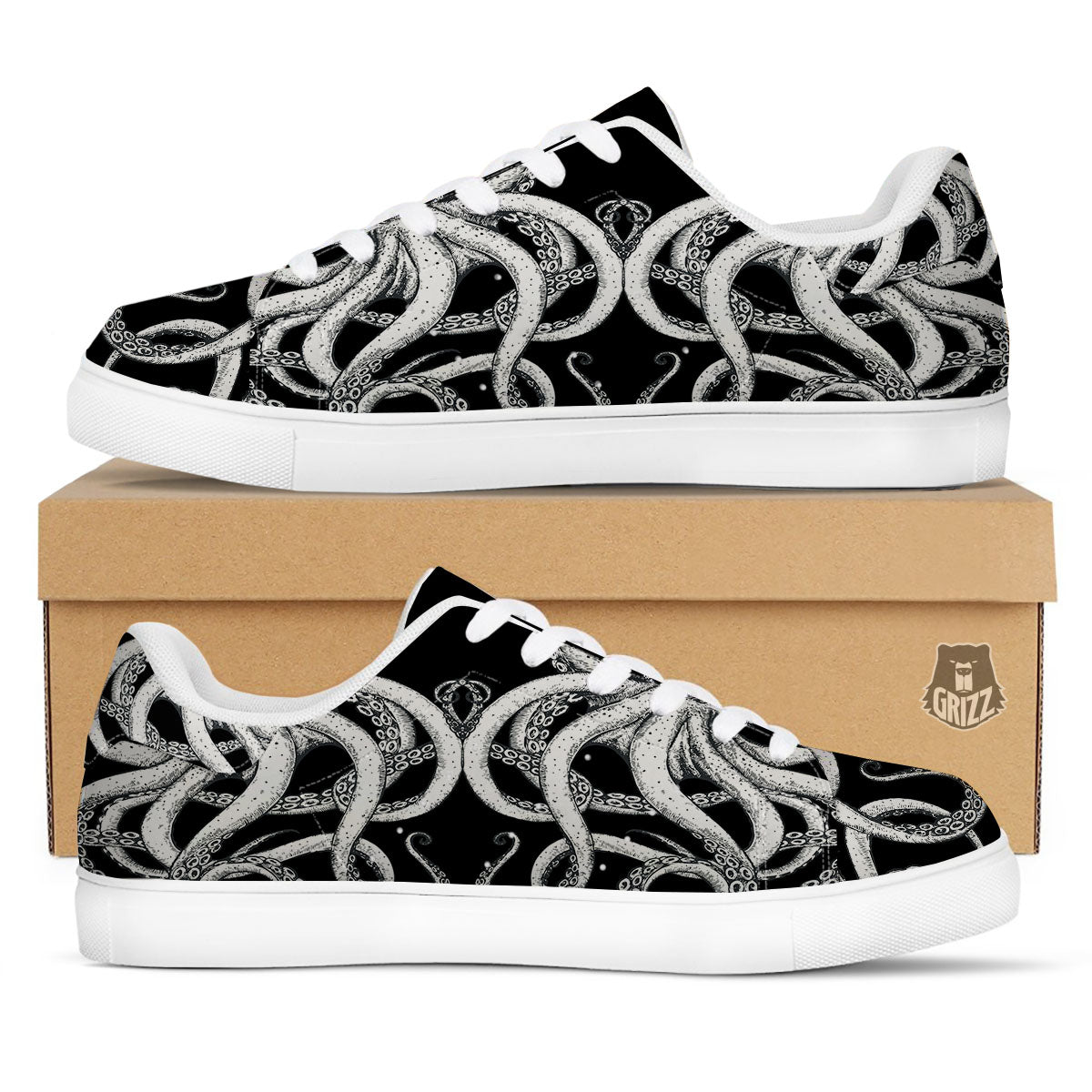 Octopus Tentacles White And Black Print White Low Top Sneakers-grizzshop
