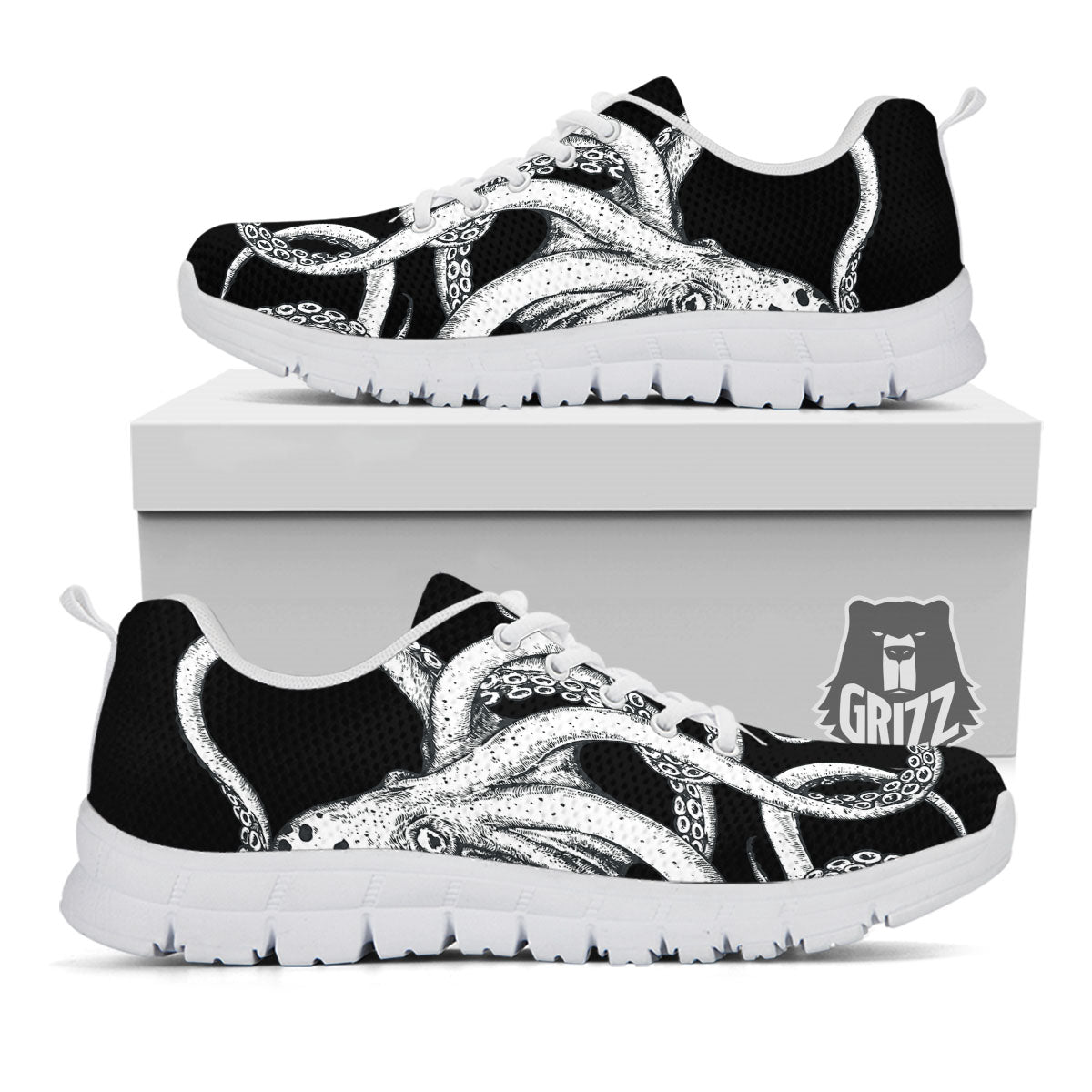 Octopus Tentacles White And Black Print White Sneaker-grizzshop