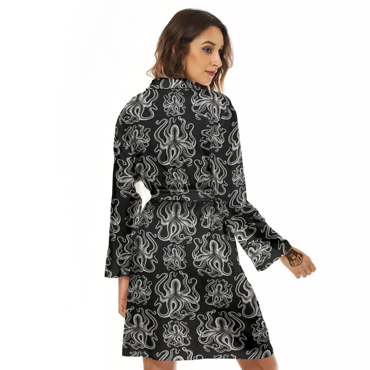 Octopus White And Black Print Pattern Women's Robe-grizzshop