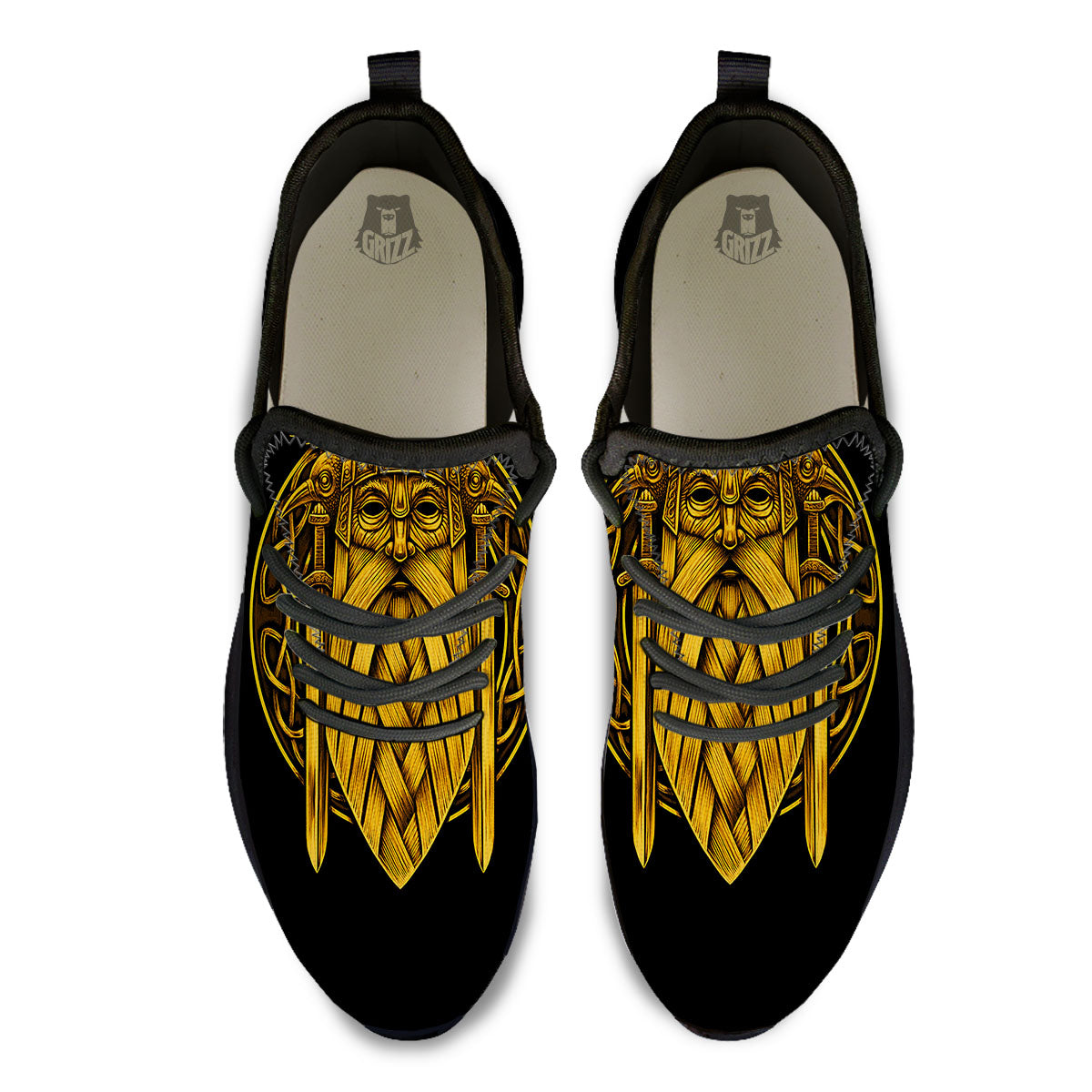 Odin God And Crow Gold Viking Print Black Athletic Shoes-grizzshop