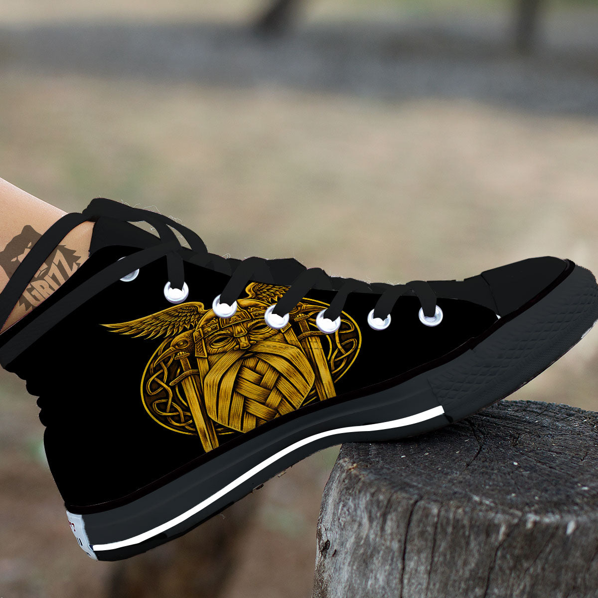 Odin God And Crow Gold Viking Print Black High Top Shoes-grizzshop