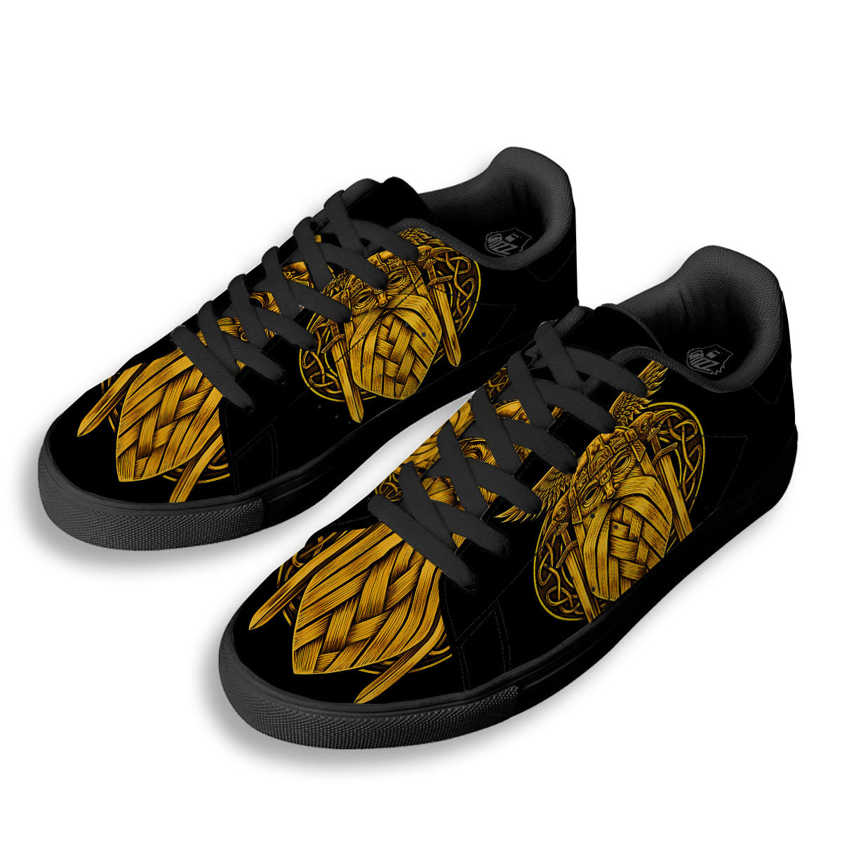 Odin God And Crow Gold Viking Print Black Low Top Sneakers-grizzshop