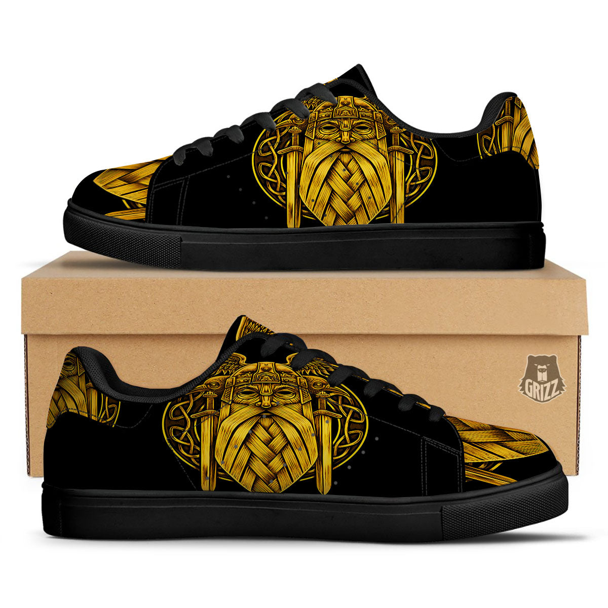 Odin God And Crow Gold Viking Print Black Low Top Sneakers-grizzshop