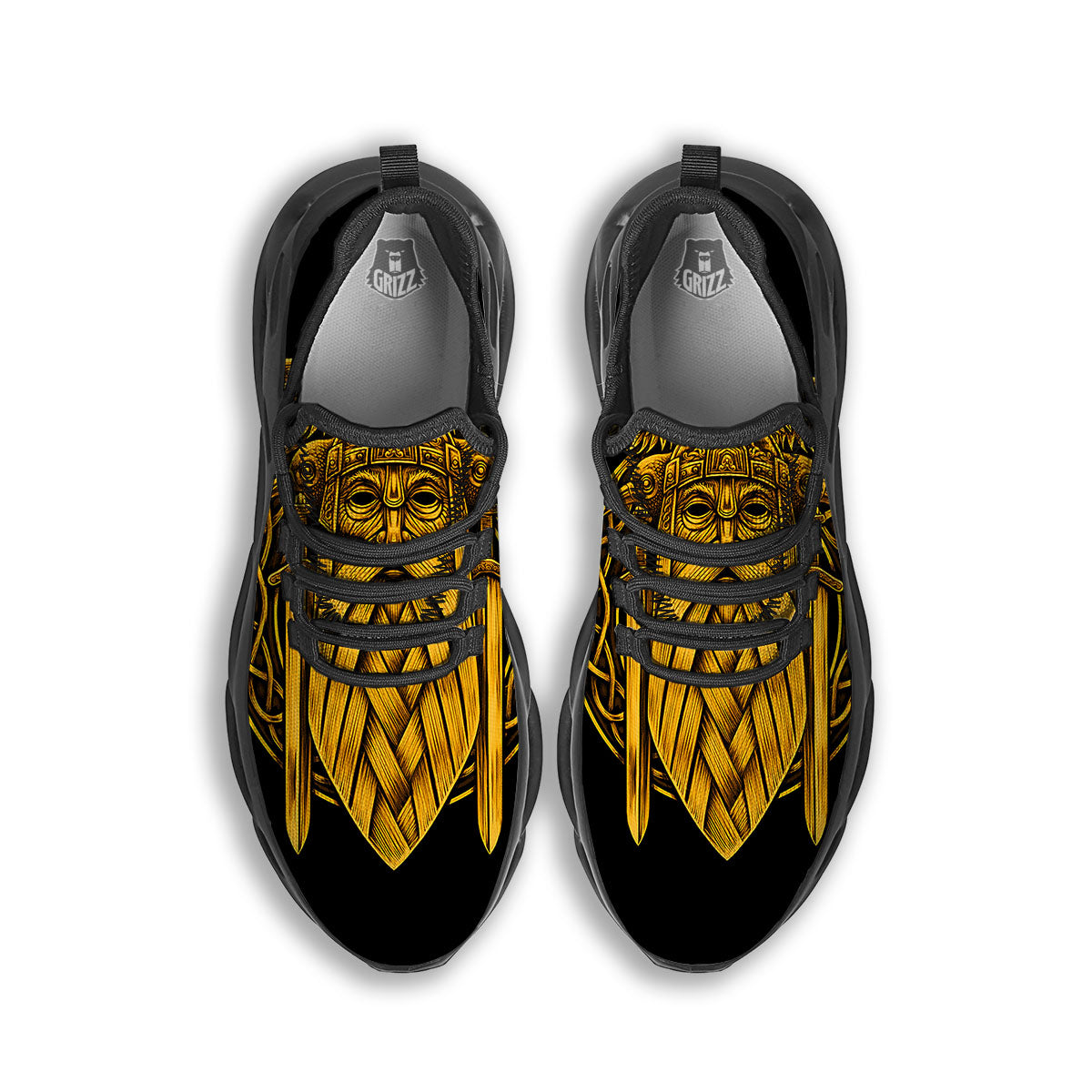 Odin God And Crow Gold Viking Print Black Running Shoes-grizzshop