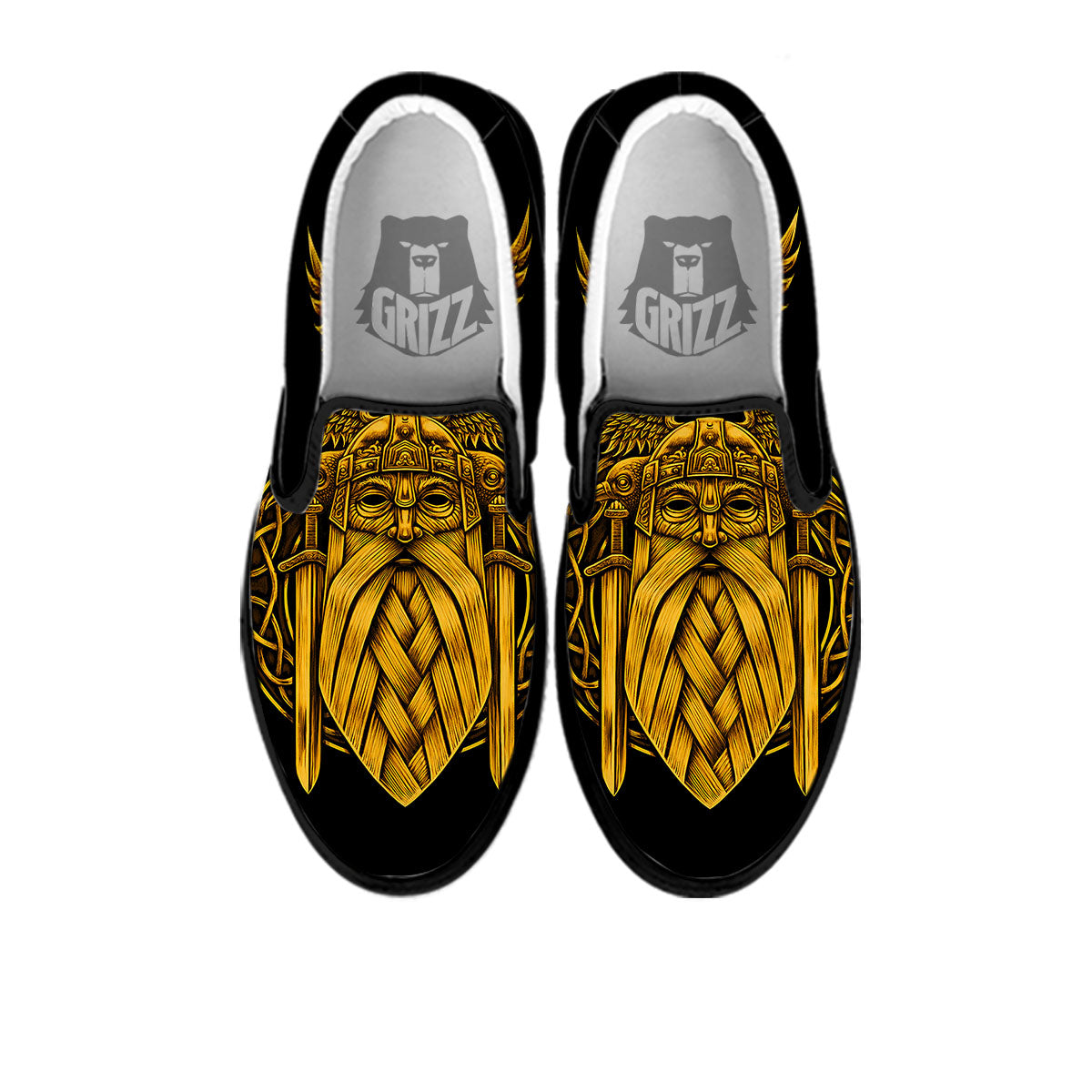 Odin God And Crow Gold Viking Print Black Slip On Shoes-grizzshop