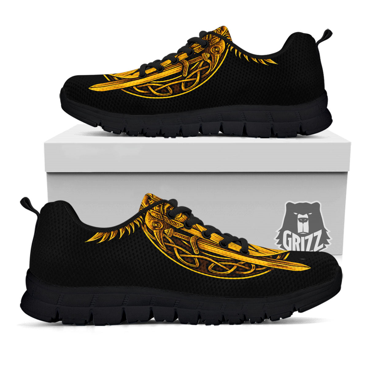 Odin God And Crow Gold Viking Print Black Sneaker-grizzshop