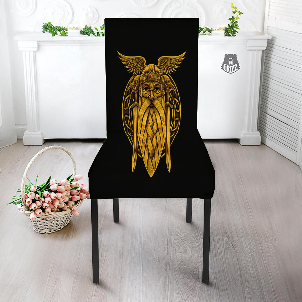 Odin God And Crow Gold Viking Print Dining Chair Slipcover-grizzshop