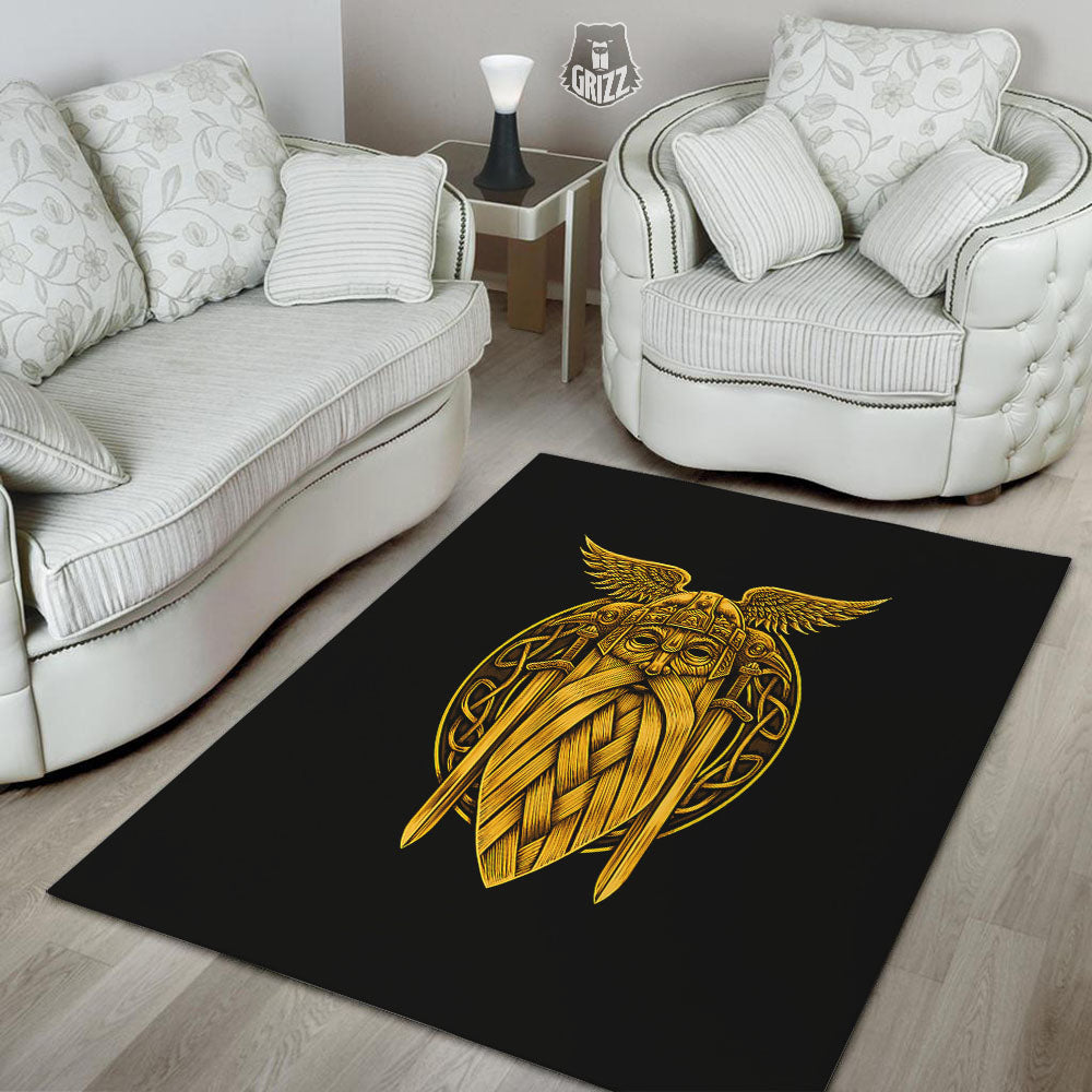 Odin God And Crow Gold Viking Print Floor Mat-grizzshop
